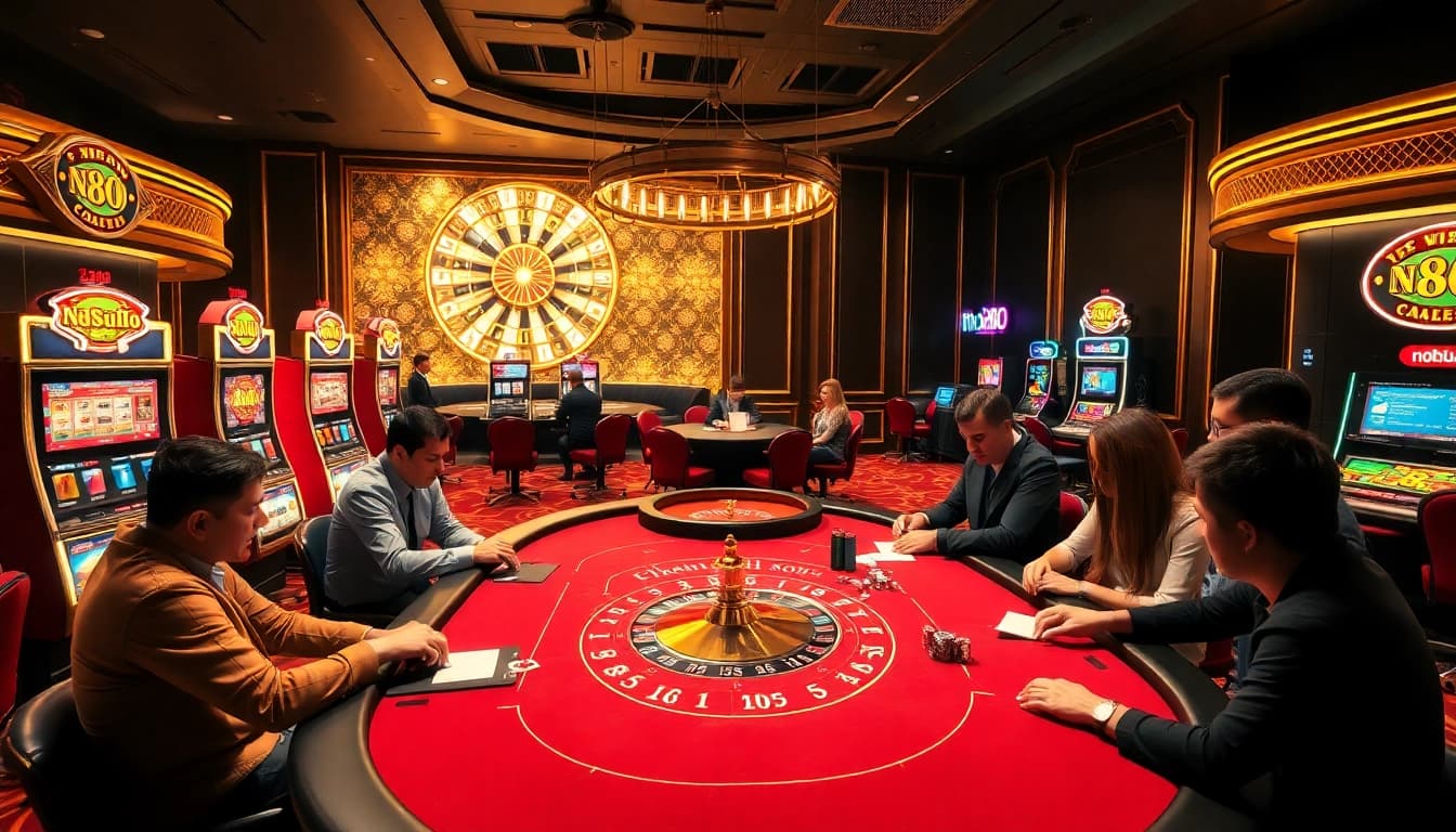 Gambling enthusiasts placing bets at nohu90 casino with vibrant slot machines and poker tables.