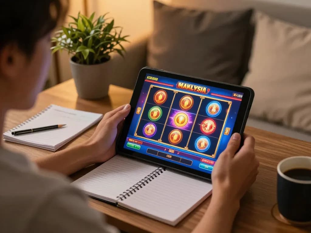 Player engaging with popular Slot Malaysia games on a tablet in a cozy home setup.
