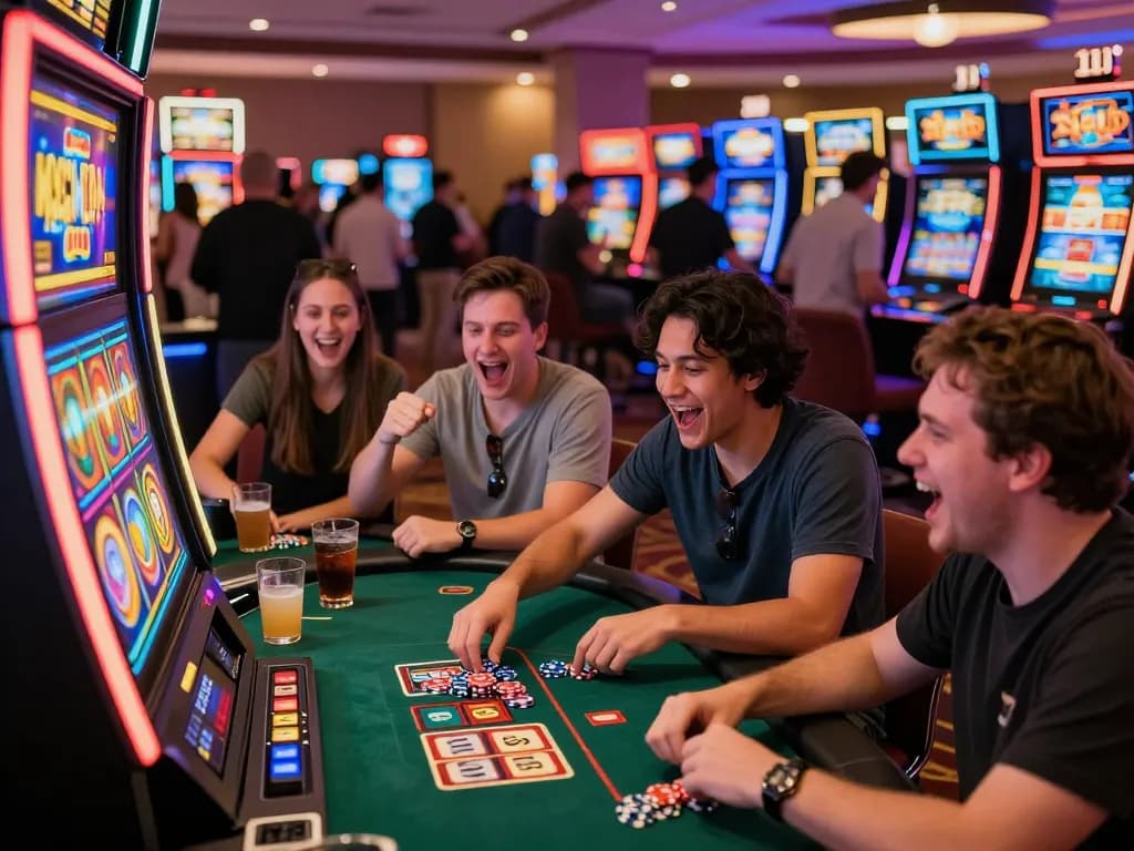 Exciting group of friends playing Lucky 88 slots at https://lucky88.foo/ casino, celebrating wins with vibrant lights.