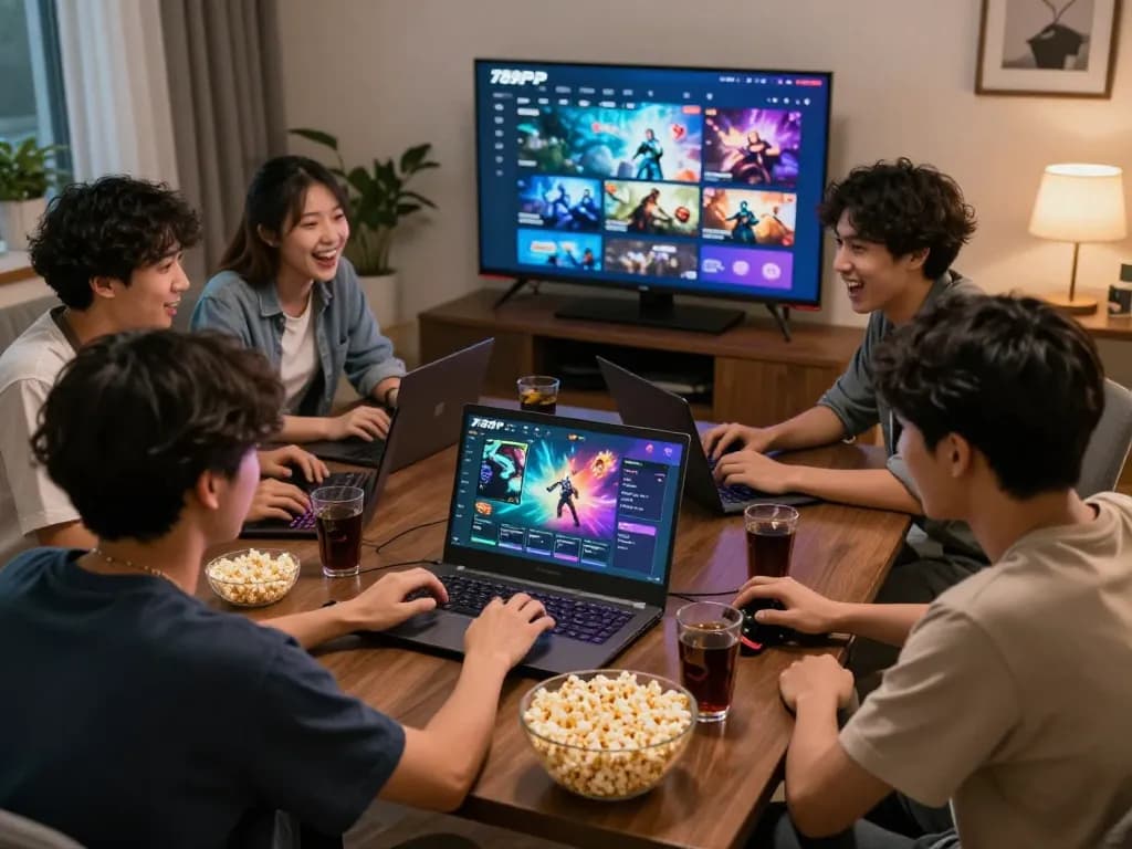Friends playing games on 789P platform in a lively living room