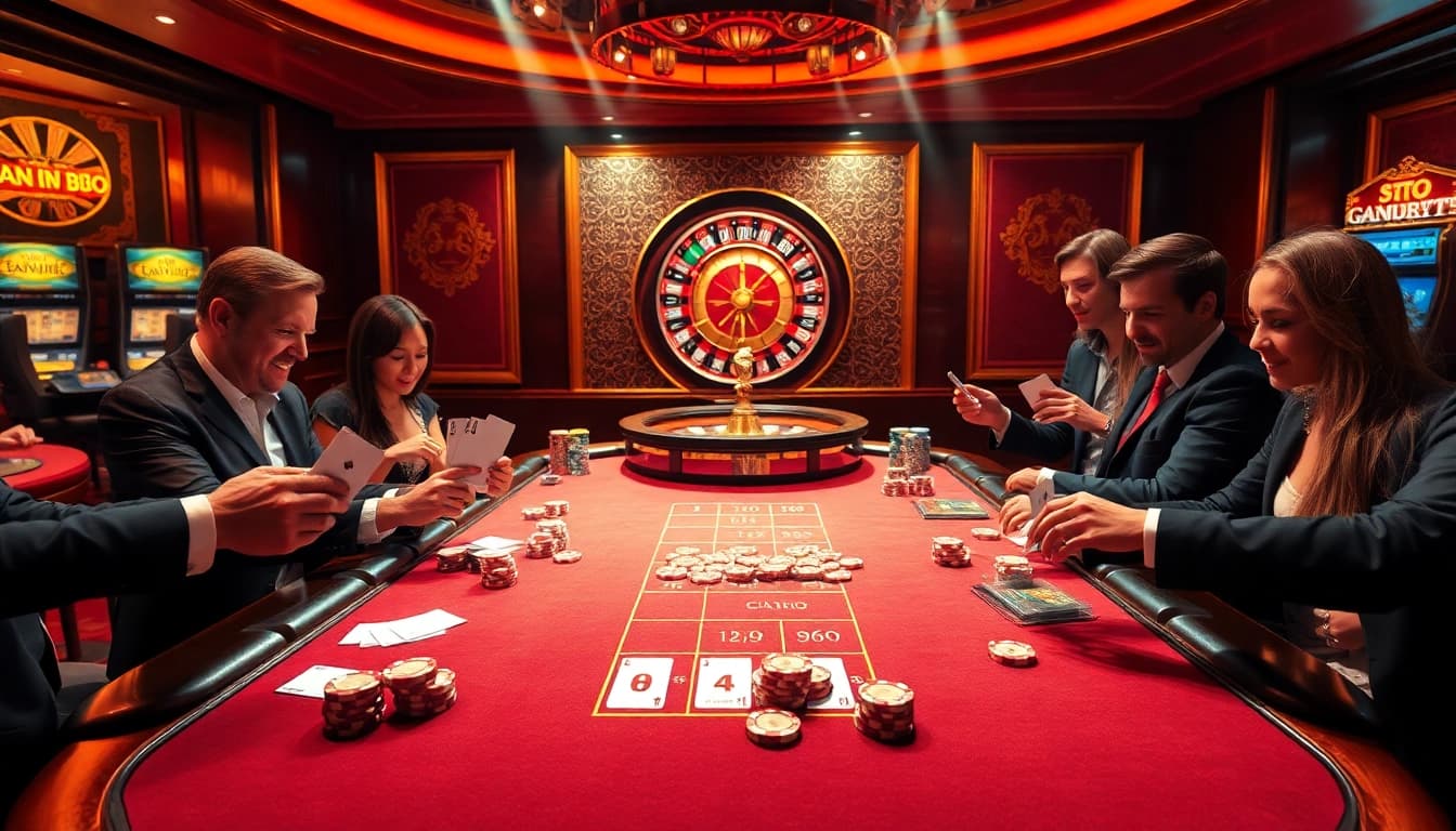 Players enjoying an exciting poker game at NOHU90 casino with vibrant atmosphere.