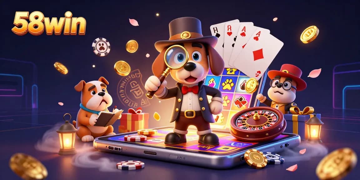 Experience thrilling games at 58win with a fun-filled 3D casino illustration.