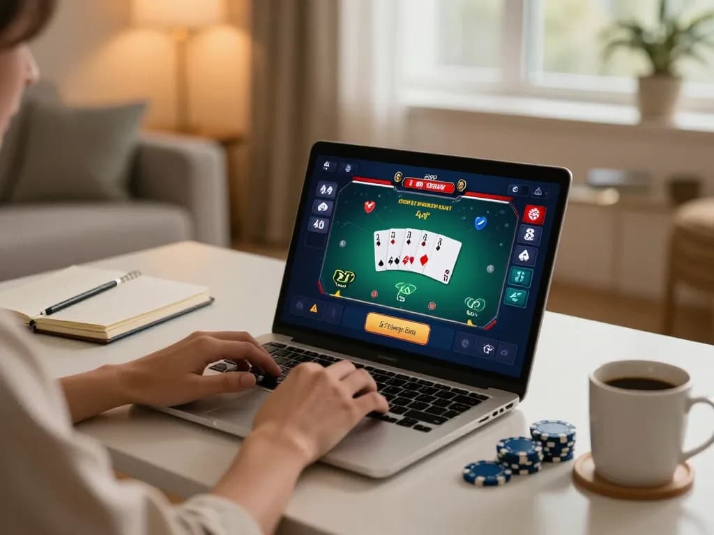 Engaging online poker gameplay on Onbet laptop with warm cozy setting.