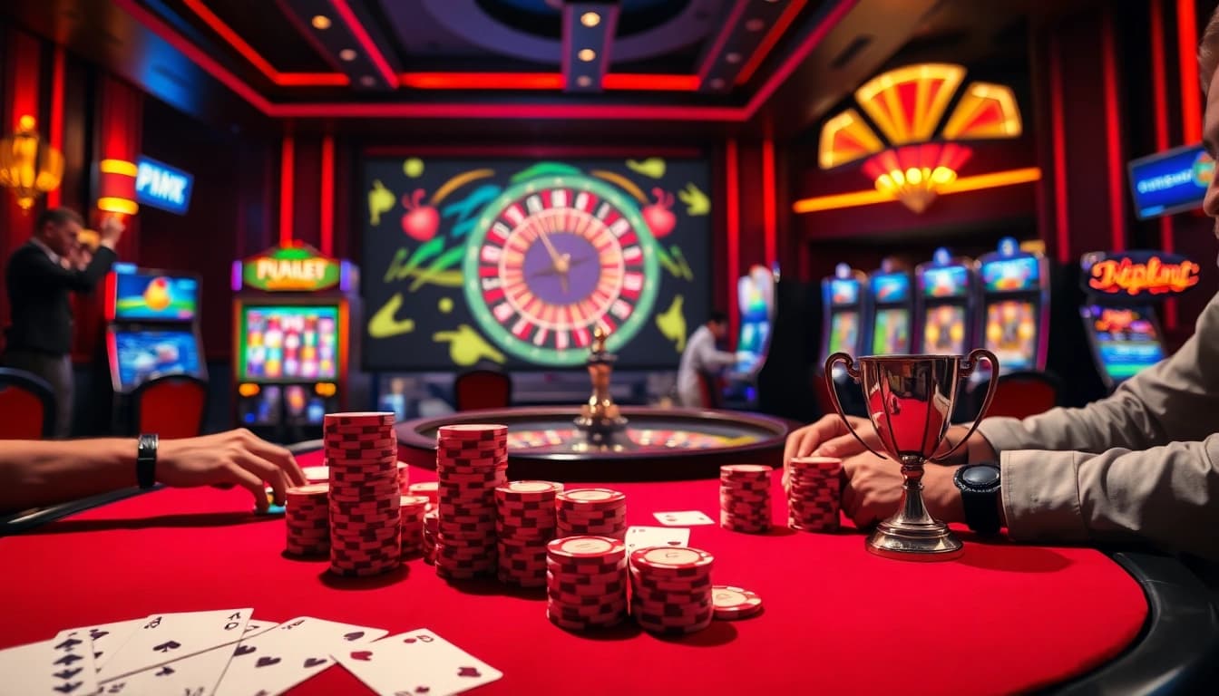 Exciting gambling scene at PUB88 casino with poker chips and cards on a vibrant table.