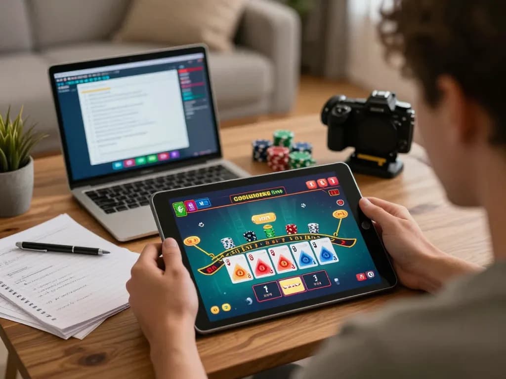 Player enjoying LV88 live dealer baccarat on tablet, showcasing strategic play in a cozy home setting.