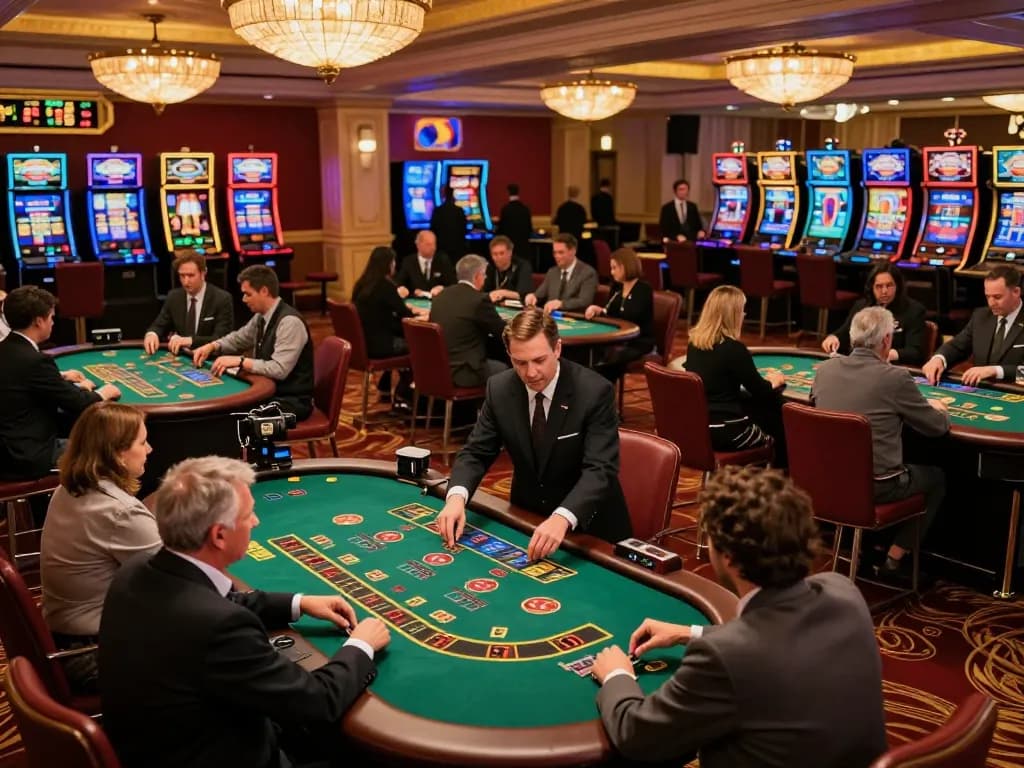 Players engaging in strategic blackjack gameplay at an upscale casino, enhancing hoiquantvhd gaming experience.