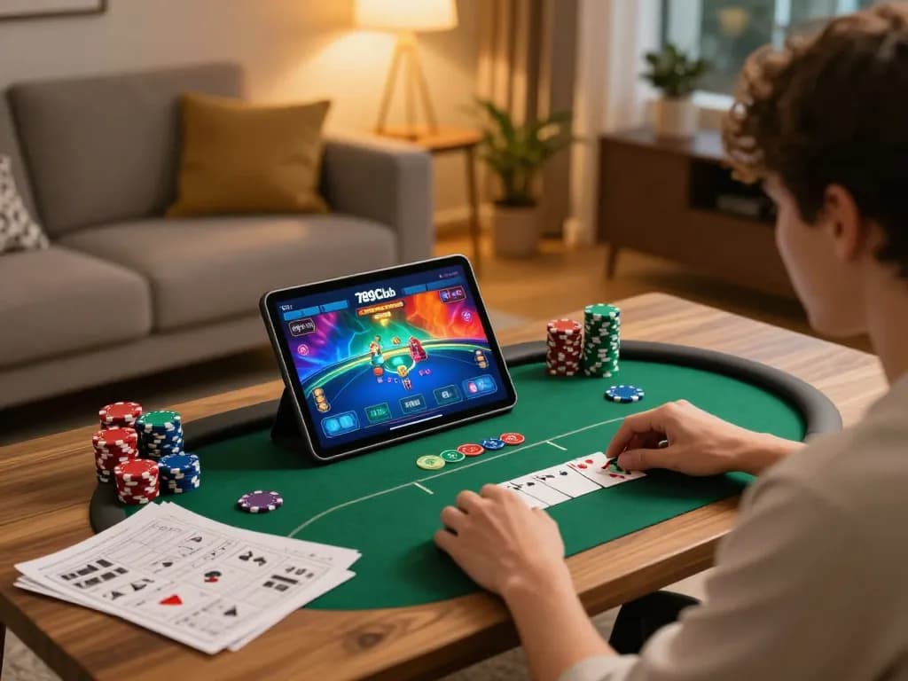 Engaging gameplay at 789Club on a tablet in a cozy home setting with poker strategy notes.