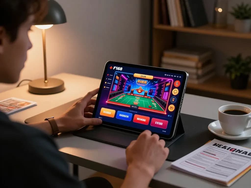 Engaging F168 online casino scene with a player using a tablet for immersive gaming experience.