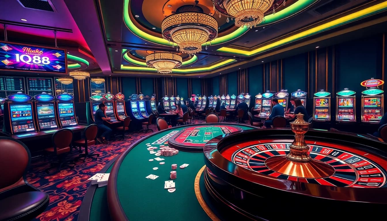 Experience thrilling gameplay at iq88's casino with dynamic tables, vibrant chips, and lively atmosphere.