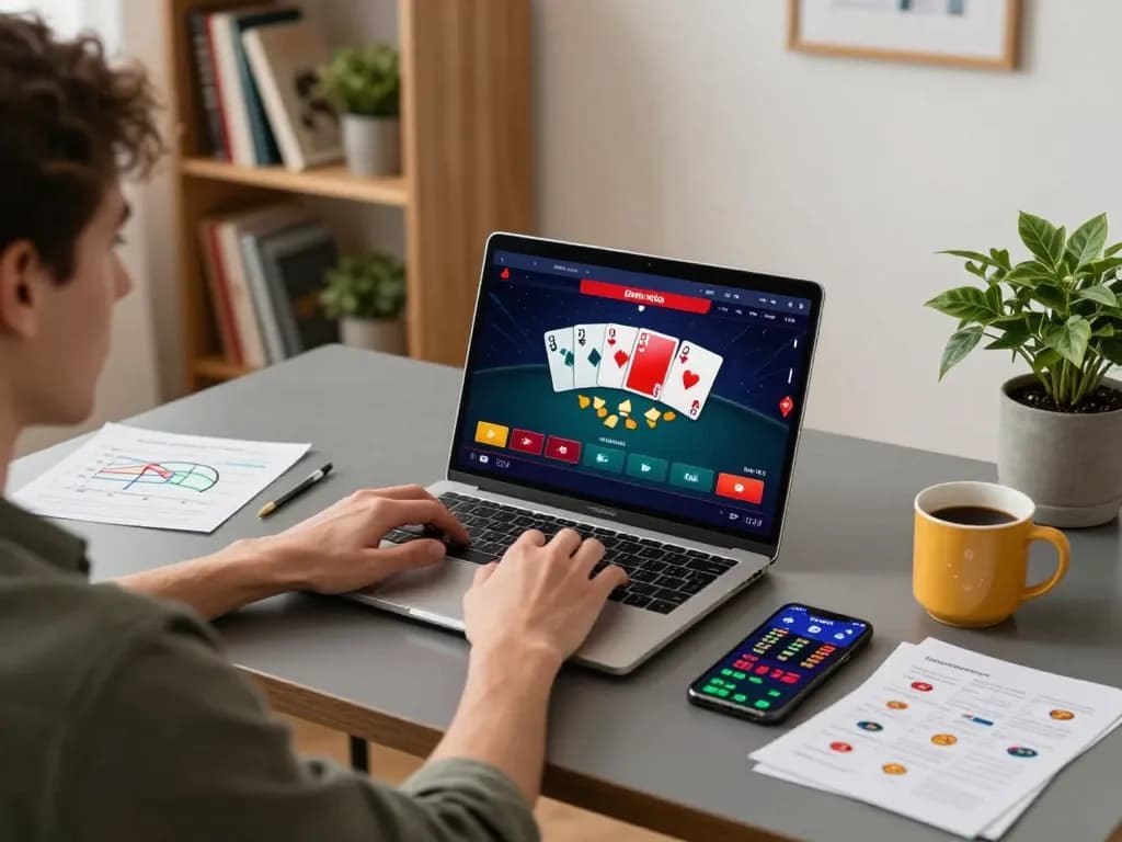Engaging scene of online poker gameplay on a laptop at home, focusing on the thrilling aspects of 678 gaming from a cozy setup.