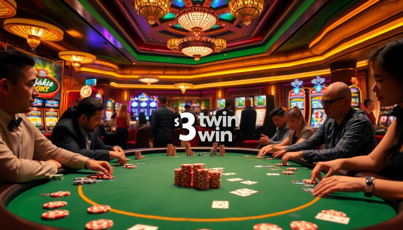 Experience the excitement of 'trang chủ 33win' in this vibrant casino scene filled with poker chips and players.