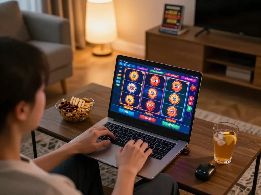 Player engaging in exciting F168 online casino gaming on a laptop in a cozy home setting.
