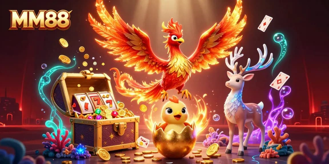 Experience thrilling MM88 gameplay in an ultra-detailed 3D illustration featuring playful slot elements and vibrant characters.