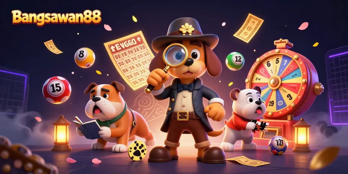 Bangsawan88 detective examines a golden poker chip while a Watson bulldog takes notes in a vibrant casino scene.