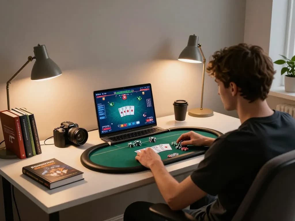 Player strategizing in online poker as VA88 options unfold on laptop interface, showcasing responsible gaming.