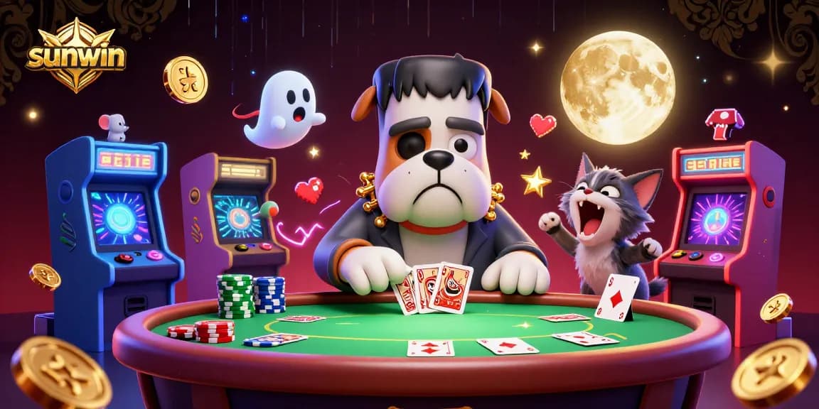 Experience thrilling poker action with sunwin in this vibrant 3D cartoon illustration.