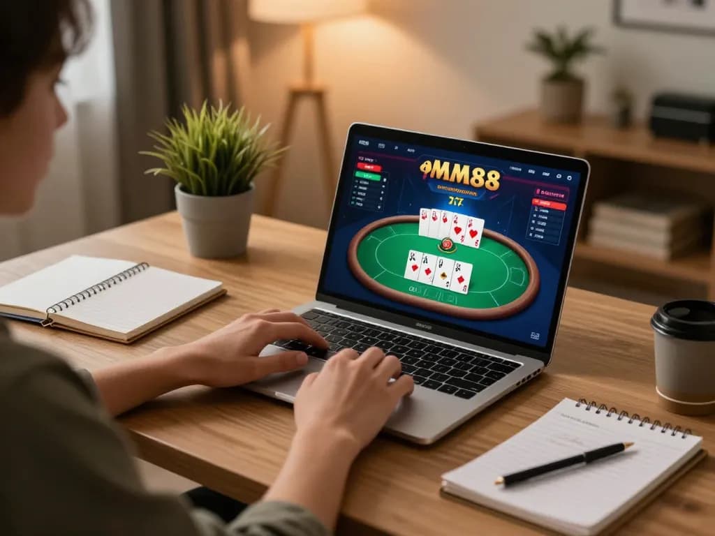 Player strategizing at MM88 online casino with poker interface on screen while sipping coffee in a cozy home.
