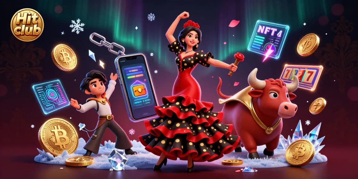 Experience the thrill at Hit club with a stunning 3D illustration of vibrant casino elements and lively characters.