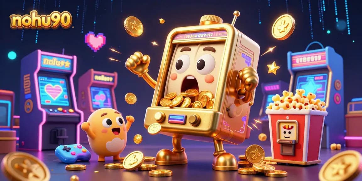 Nohu90 slot machine hitting a jackpot with coins pouring out, surrounded by cheering machines and arcade elements.