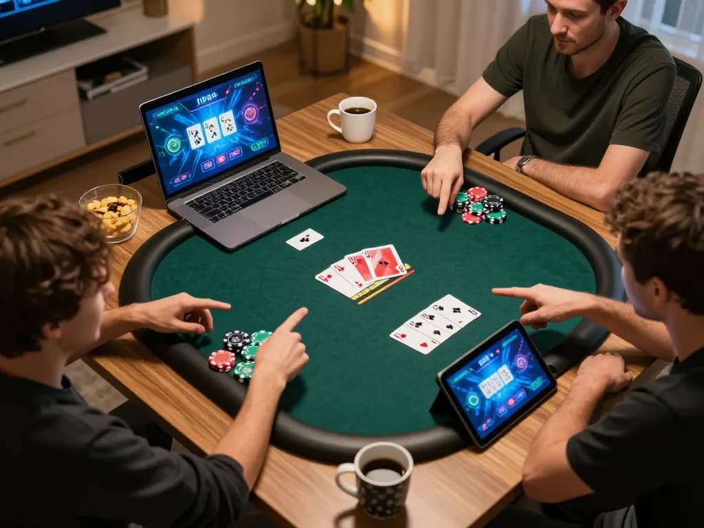 MM88 players engaged in an online poker game strategy session with relaxed home atmosphere.