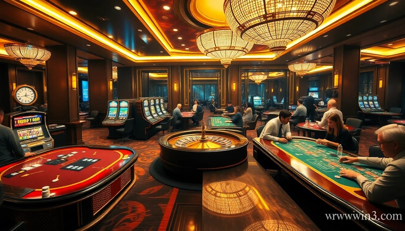 Gamblers at https://www.6rwin33.com/ play poker and slots in an upscale casino environment.