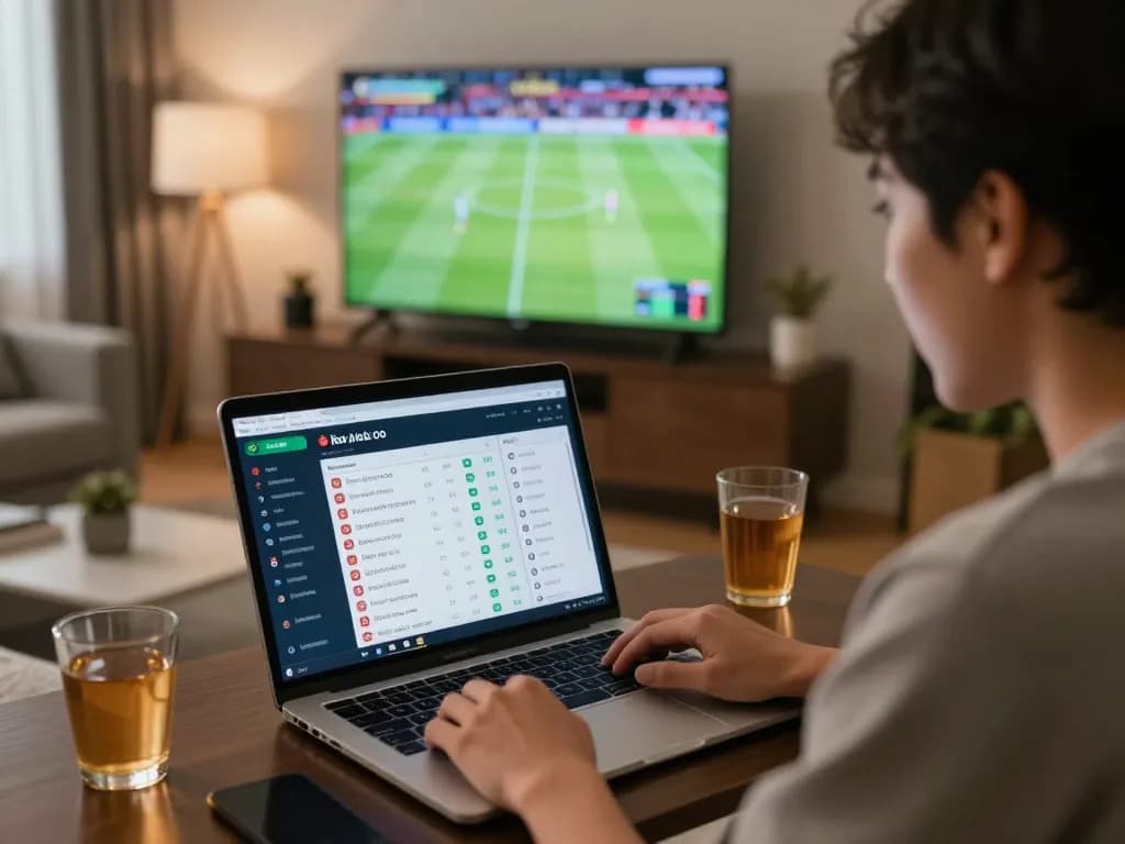 Person analyzing kèo nhà cái odds while watching a live sports game, showing excitement and strategy in a cozy setting.