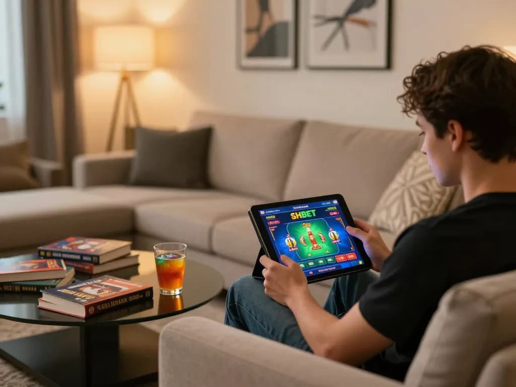 Engaging gambling session with SHBET online interface displayed on tablet in a cozy home setting