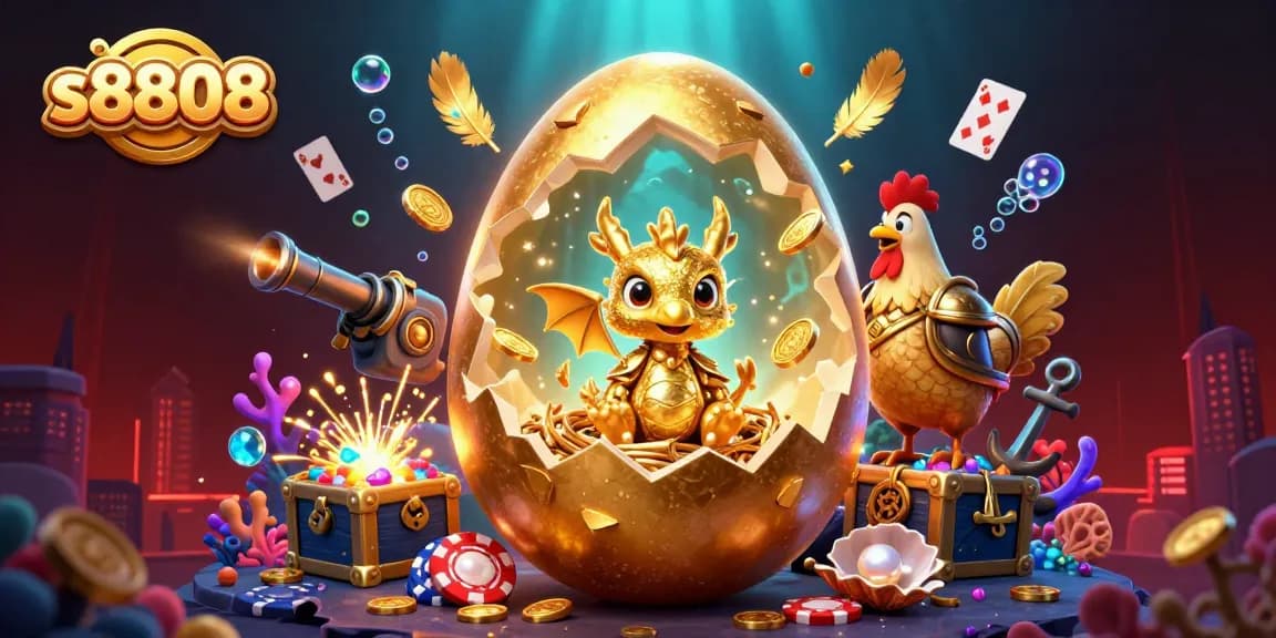 Engage with the dynamic s8808 scene of a golden dragon and poker chips amidst treasure and casino elements.