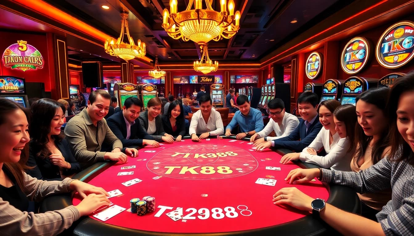 Excited players experiencing the vibrant TK88 gambling scene at a luxury casino table.