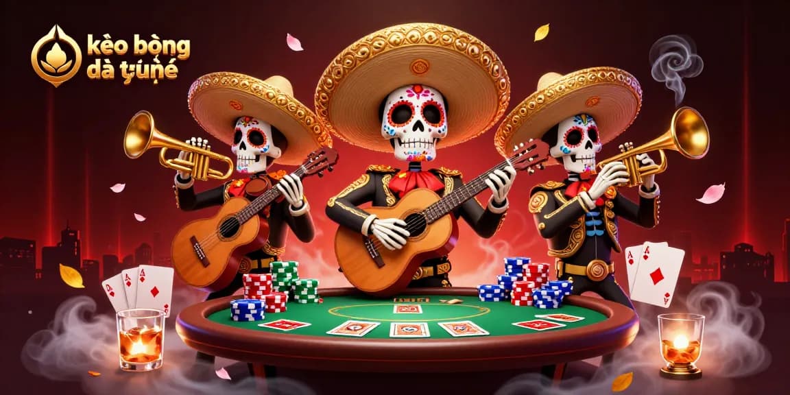 Experience kèo bóng đá trực tuyến with lively mariachi skeletons amidst poker elements in a vibrant scene.