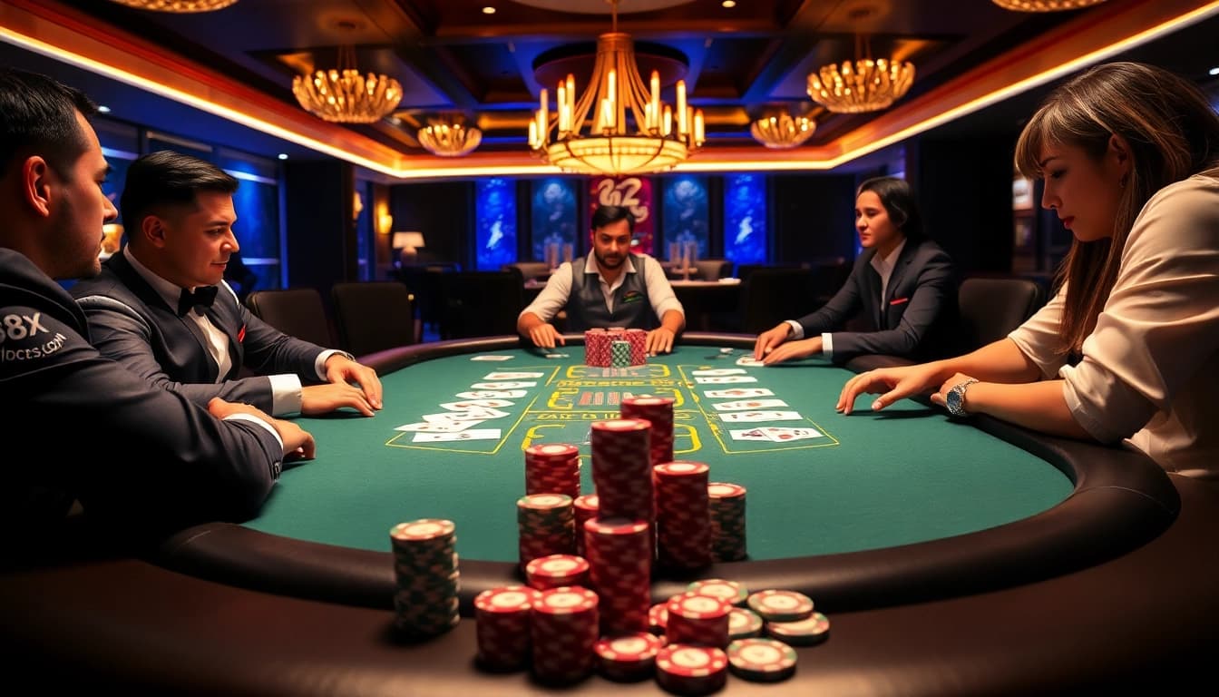 Players enjoying a high-stakes poker game at 88xx.co.com casino with vibrant chips and cards.