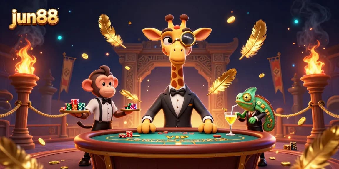 Experience exciting gaming with jun88 as a giraffe high-roller and friends amidst golden casino ambiance.