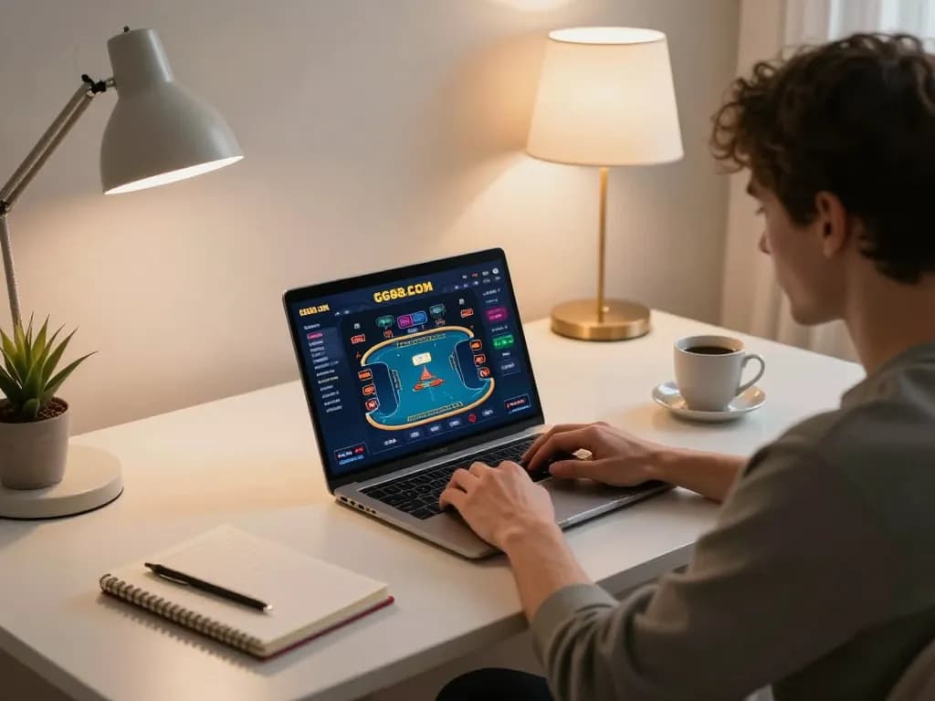 Player engaging in online poker at home, showcasing GG88.COM interface with strategic notes visible.