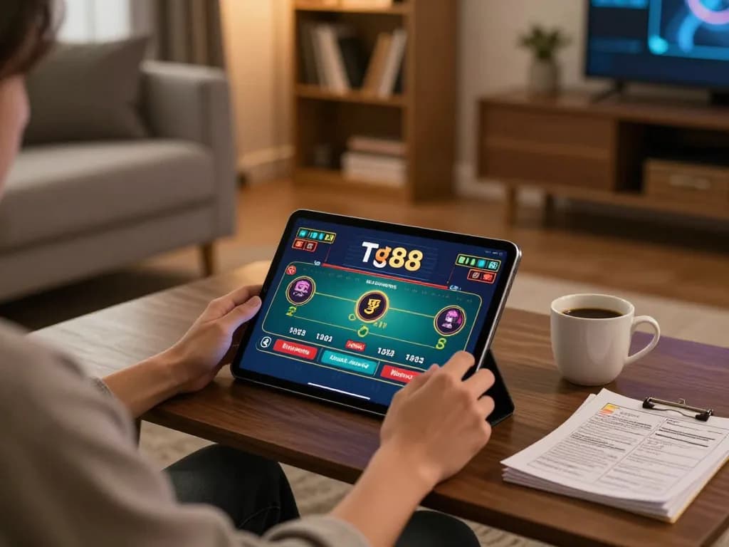 Tg88 online gaming experience with a person using tablet in a cozy home setting
