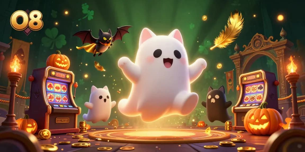 Engage with O8's ghostly casino adventure featuring a cat, bat, and glowing pumpkins.