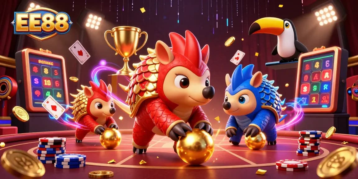 Roll golden balls and win at EE88 with vibrant pangolins in action amidst dynamic casino elements.