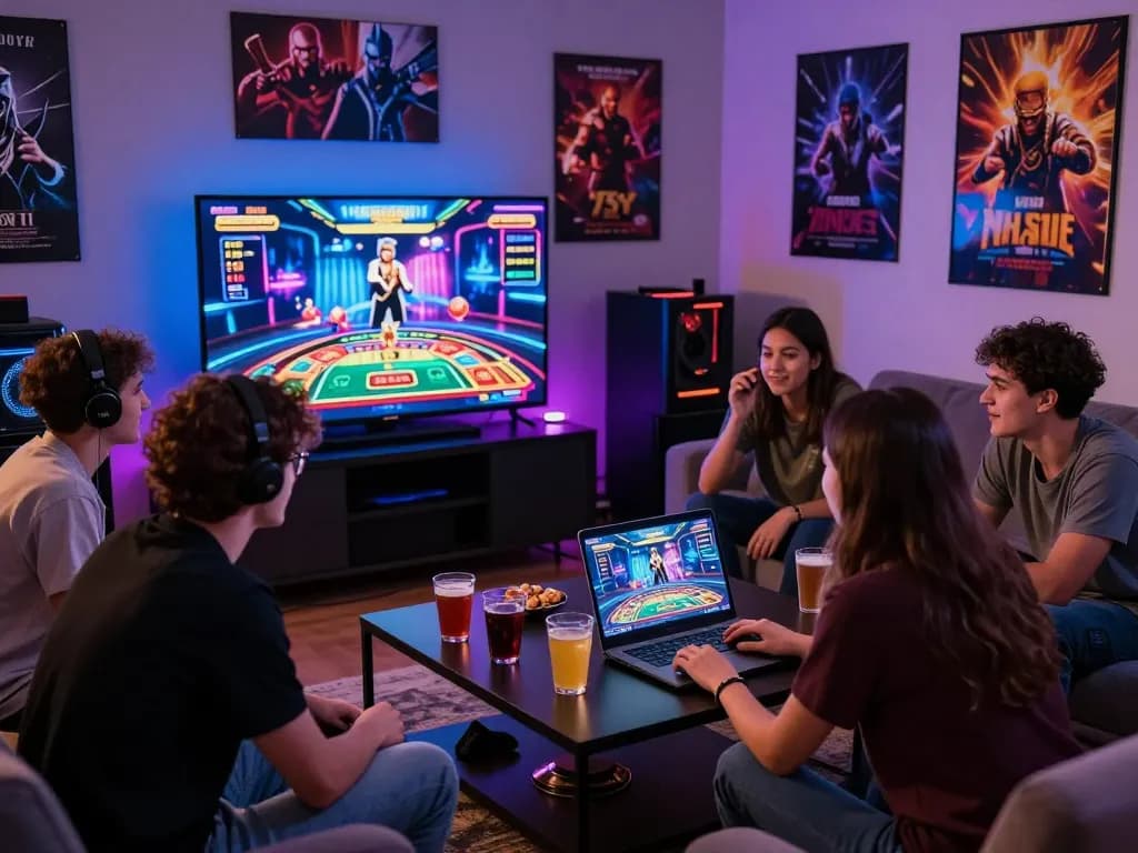 Friends enjoying QE8 gaming platform in a lively living room, highlighting social interaction and excitement.