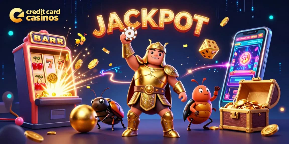 Experience the thrill of credit card casinos with a vibrant 3D illustration of characters and game elements.