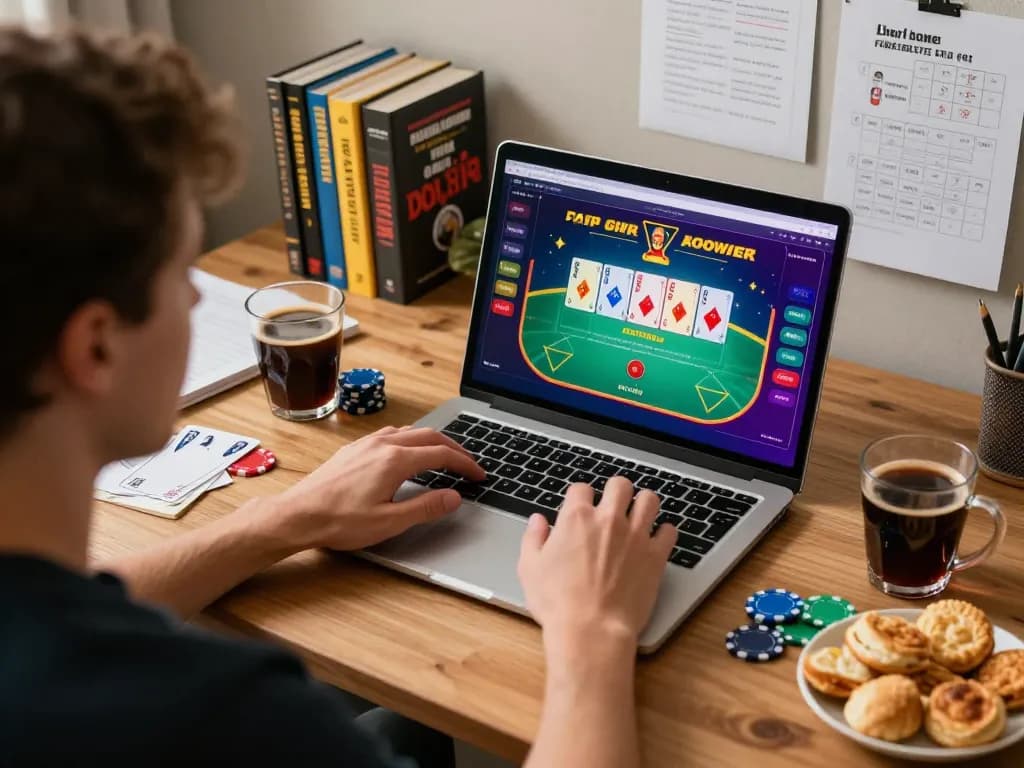 Player enjoying online poker on vin88az with colorful game interface and strategy notes around