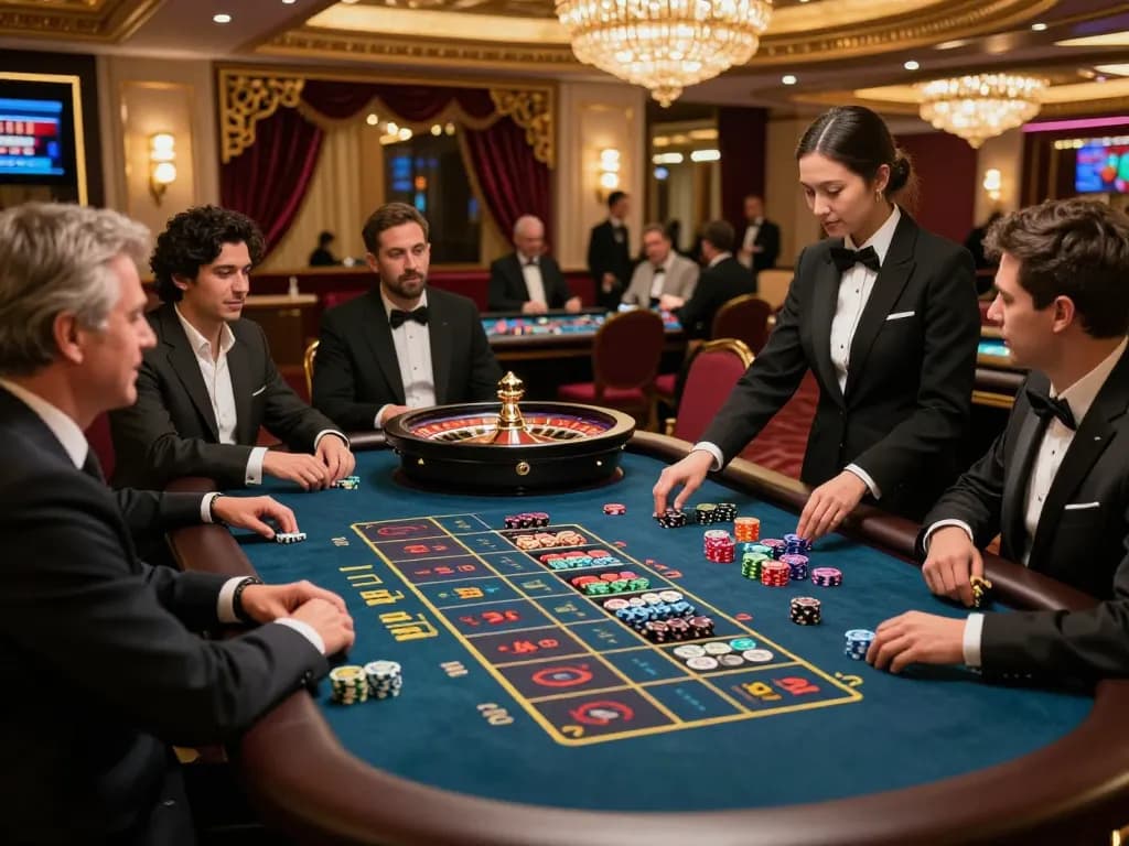 Dabet roulette table action with players engaged and croupier managing bets in an elegant casino atmosphere.