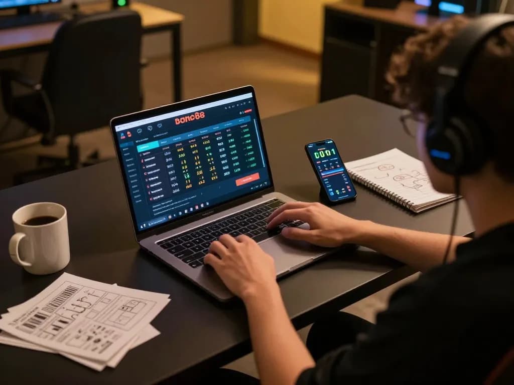 Bong88 player engaging with live odds on laptop, showcasing an immersive online betting experience