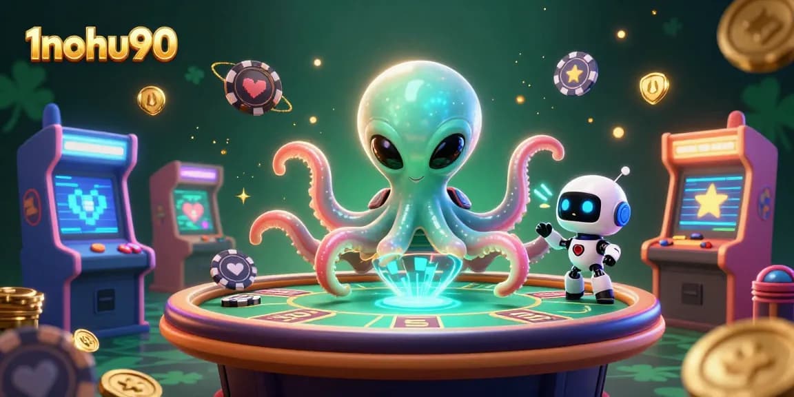 Experience 1nohu90’s thrilling atmosphere with a 3D alien octopus playing poker in a dazzling digital casino.