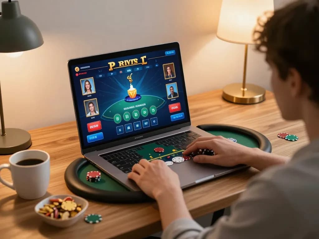 Engaging online gaming scene with sin88it on a laptop, showcasing poker gameplay in a cozy home setting