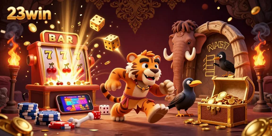 Experience thrilling moments at 23win's dynamic casino scene featuring slot machines and vibrant game elements.