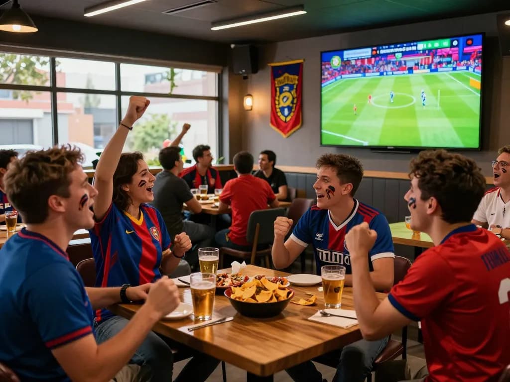 Soccer fans celebrate while watching a Socolive live match in a vibrant lounge atmosphere.