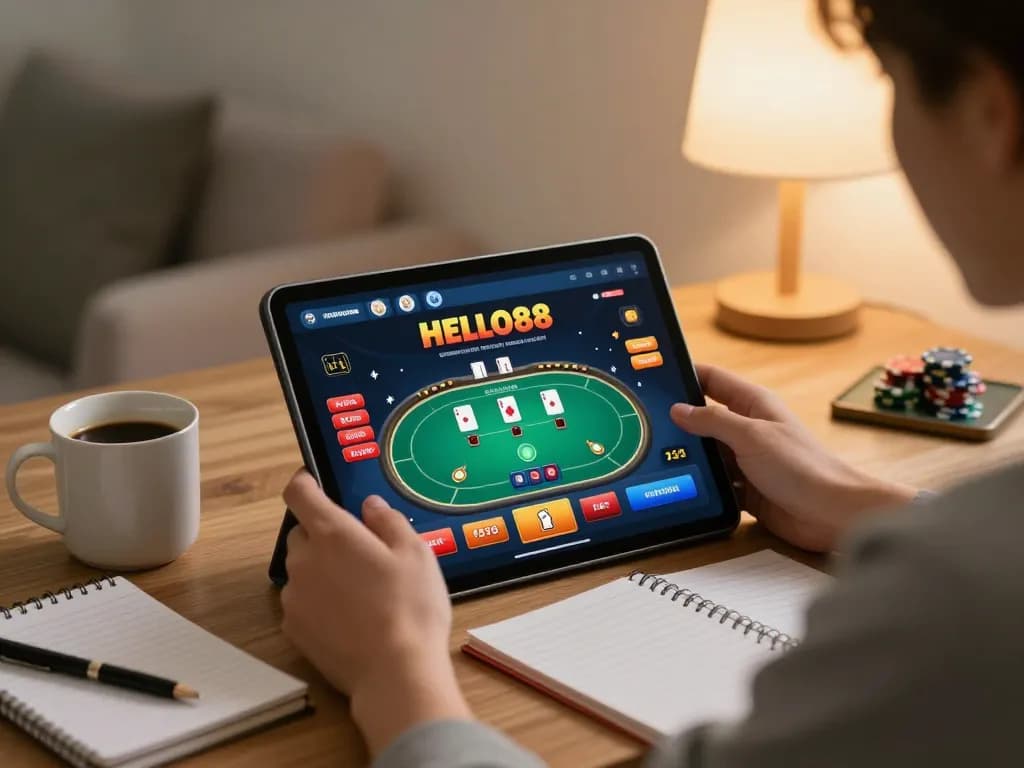 Player engaging with the HELLO88 online casino app on a tablet in a cozy home environment.