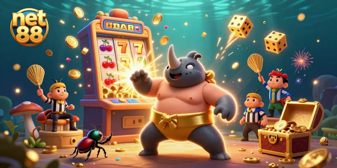 Experience dynamic action at net 88 with our vibrant casino scene featuring a sumo beetle champion.