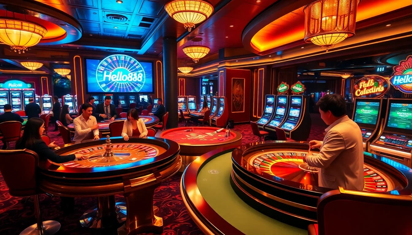 Hello88 branded casino scene featuring poker tables, a roulette wheel, and engaged gamblers.