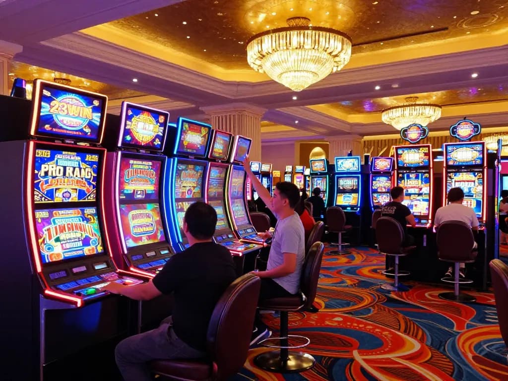 Players enjoying vibrant slot machines at 23WIN casino, celebrating wins in an exciting atmosphere.