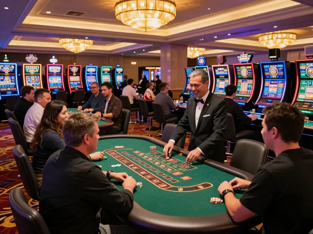 Witness the excitement at debet15 casino with players engaging at roulette and blackjack tables